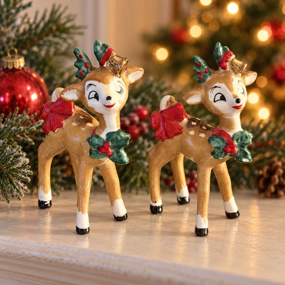 Lefton Christmas Reindeer Figurines Pair Winking Deer Holly Red Bows 3.5 Inch